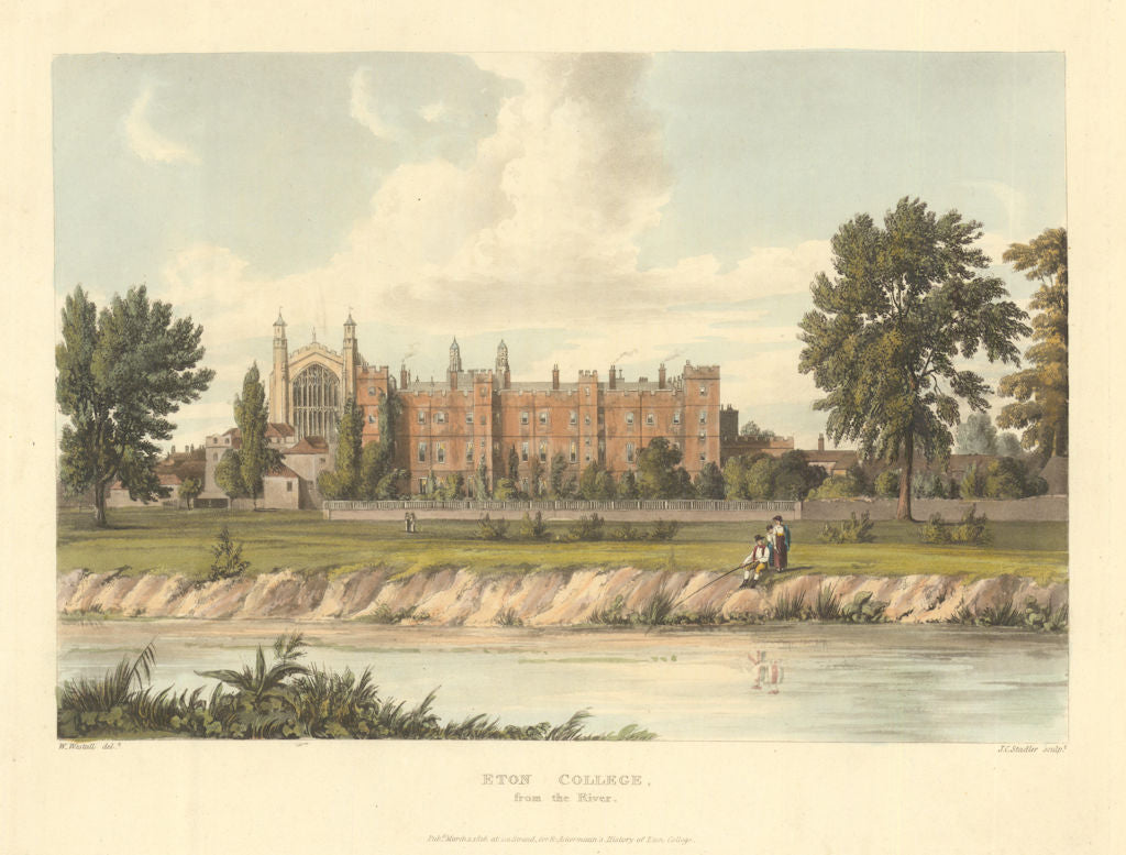 Eton College, from the River. Ackermann's schools 1816 old antique print